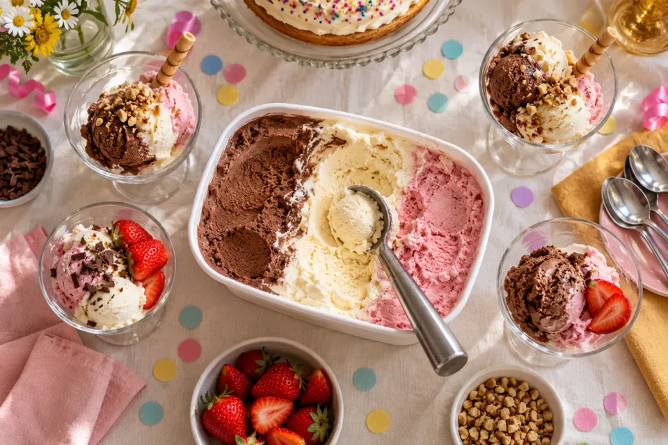 Mesa de cumpleaños con un pote de helado y copas servidas