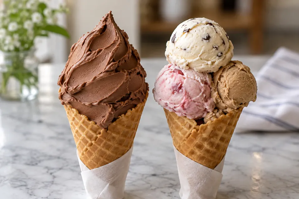 Dos cucuruchos de helado lado a lado, uno servido con espátula y otro en bochas