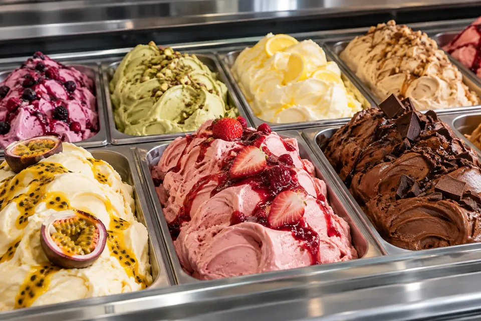Bachas de helado artesanal en una heladera de mostrador