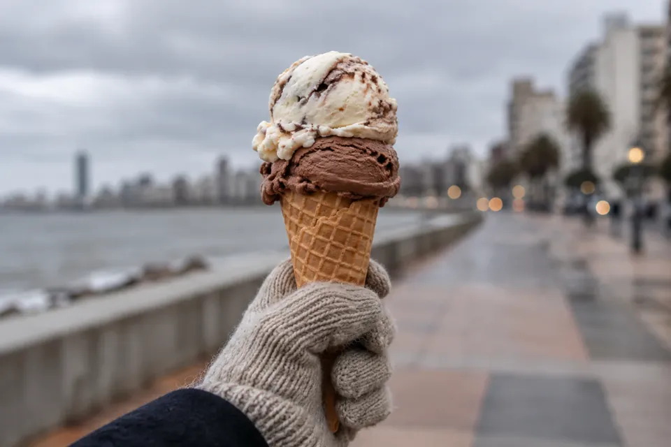 Mano con guante sosteniendo un cucurucho en un día de invierno