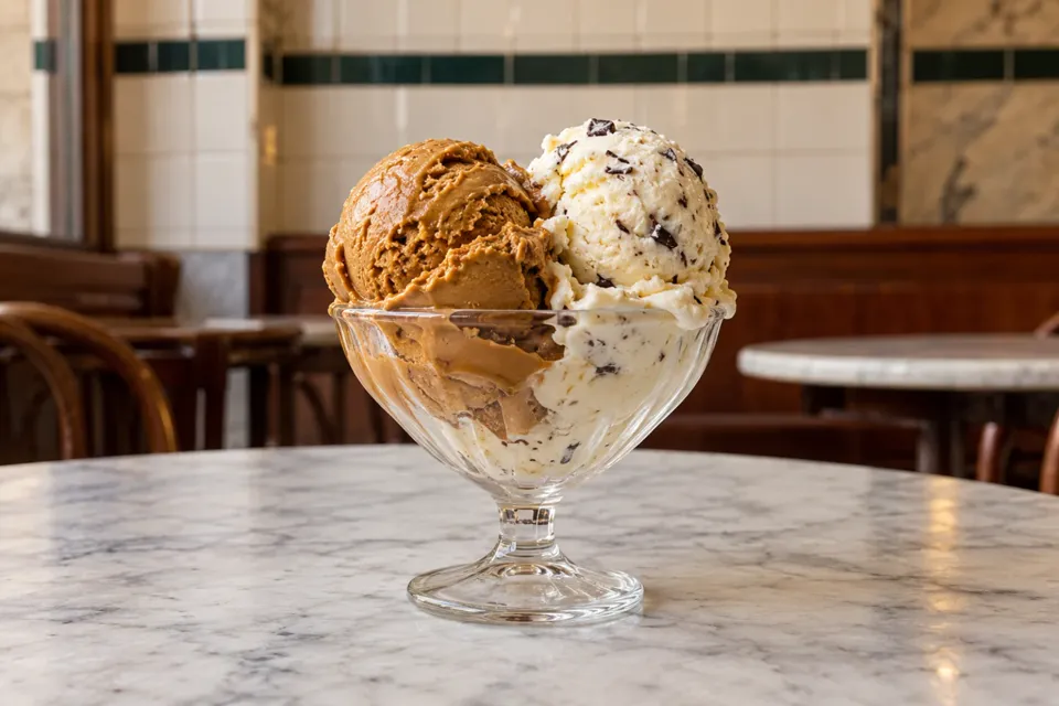 Copa de helado clásica sobre una mesa de mármol