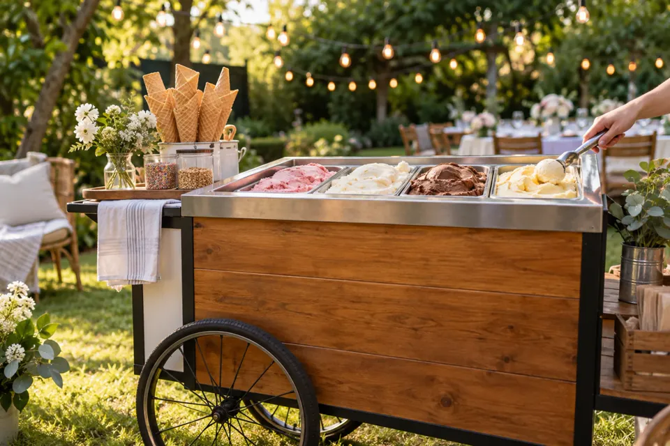 Carrito de helados en un jardín preparado para una fiesta