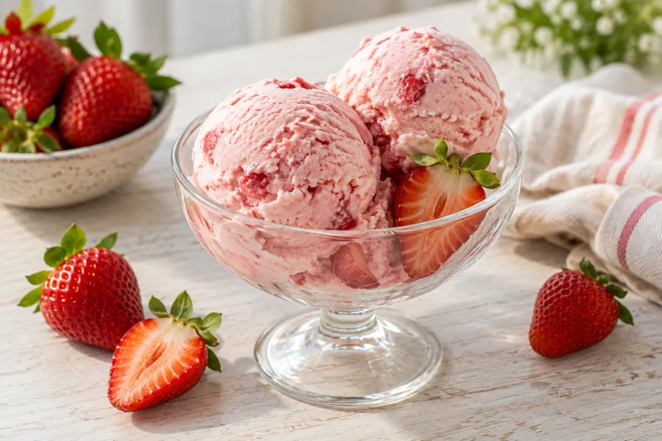 Copa con helado de frutilla y frutillas frescas
