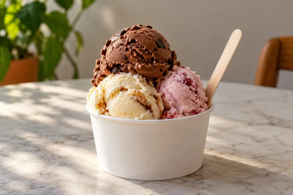 Tres bochas de helado en un pote de papel blanco con una paletita de madera, sin cucurucho