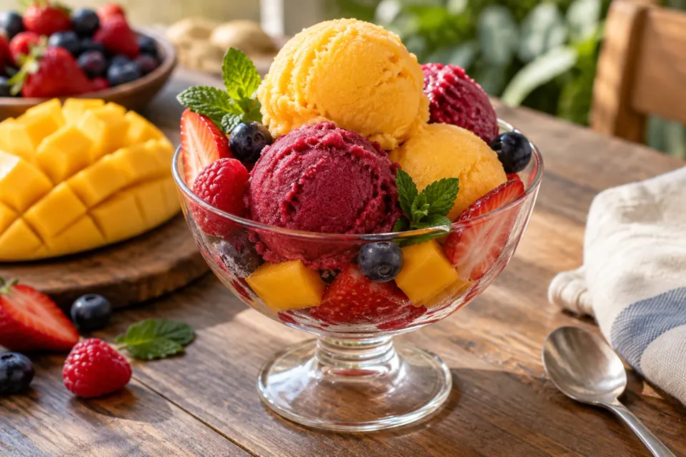 Sorbete de mango y frutos rojos con fruta fresca