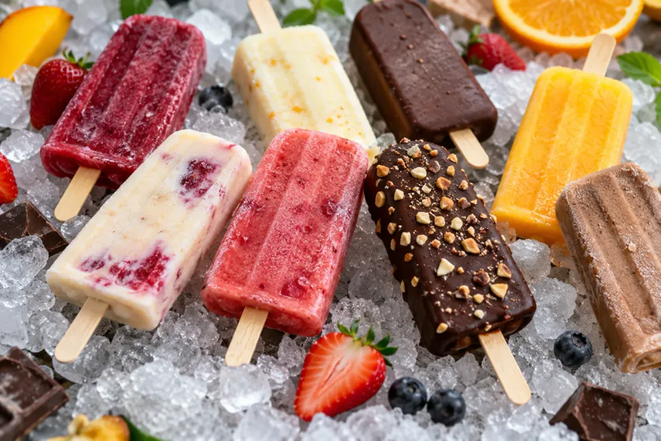 Paletas heladas artesanales de fruta y de crema sobre hielo