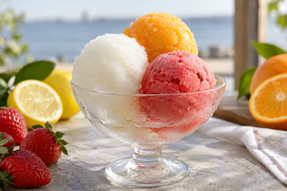 Helado al agua de limón, frutilla y naranja en una copa