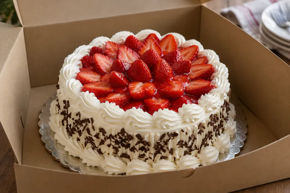 Torta helada con crema y frutillas, todavía dentro de su caja de cartón